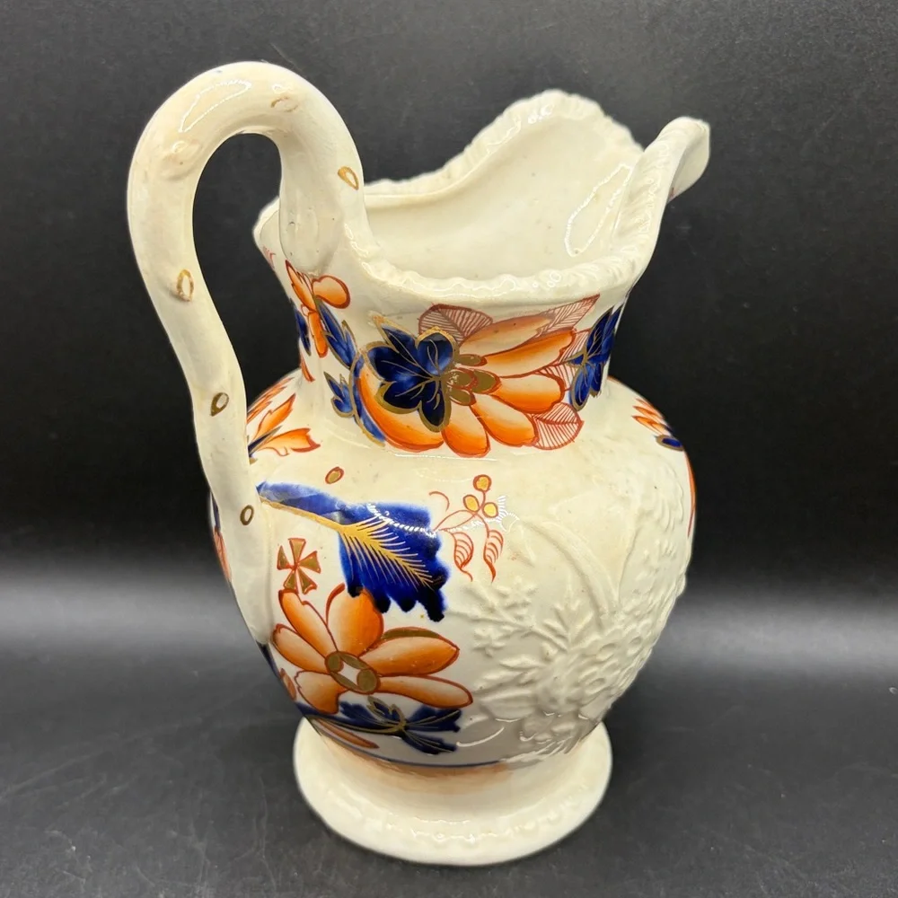 Antique Hand Painted Imari Imariware Ceramic Floral Flower Bouquet Pitcher Jug